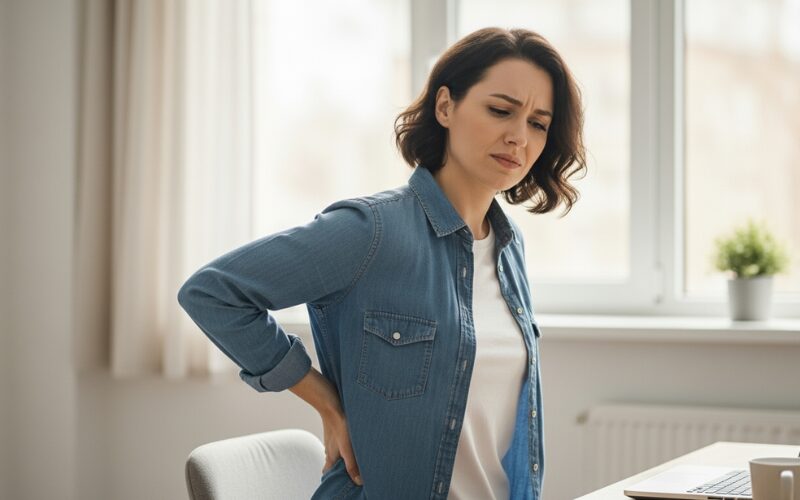 Žena pociťuje bolesť v dolnej časti chrbta pri práci za počítačom. McKenzie metóda jej s tým môže pomôcť.