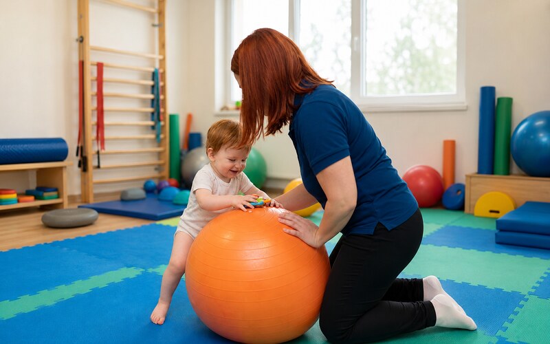 Kedy vyhľadať detského fyzioterapeuta – cvičenie s bábätkom na fitlopte na podporu pohybového vývoja.