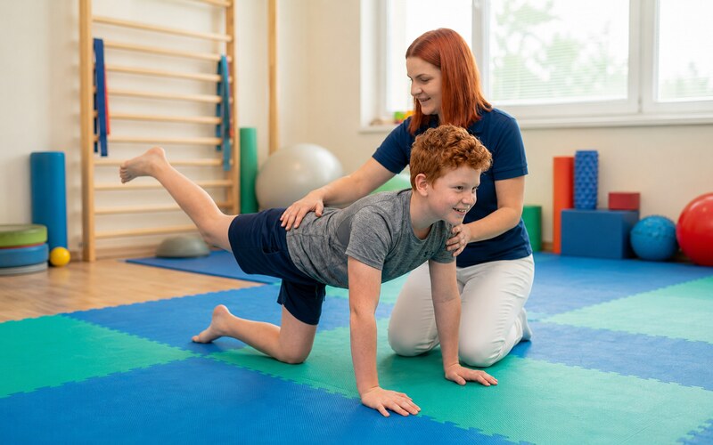 Kedy vyhľadať detského fyzioterapeuta – individuálne cvičenie s chlapcom zamerané na správne pohybové návyky.