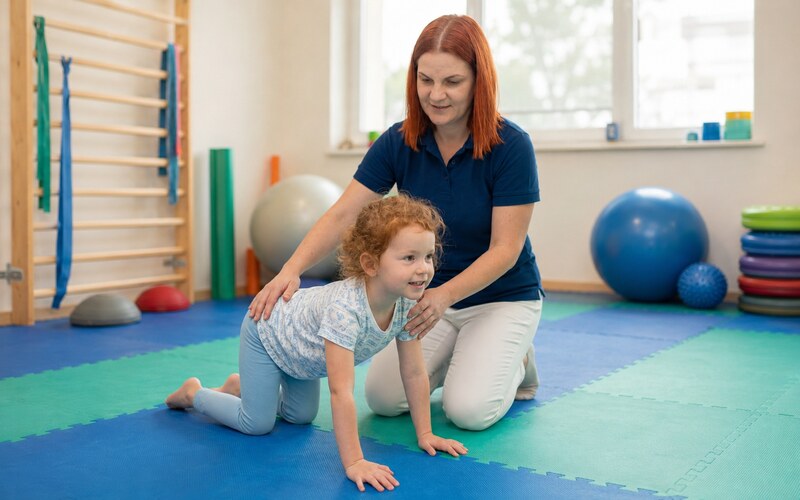 Kedy vyhľadať detského fyzioterapeuta – hravé cvičenie fyzioterapeutky s dievčaťom.