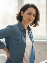 Žena pociťuje bolesť v dolnej časti chrbta pri práci za počítačom. McKenzie metóda jej s tým môže pomôcť.