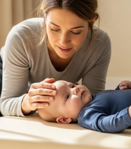 mama si všimla že sa bábätko nevyvíja tak ako sa má Mama sa s obavou pozerá na bábätko ležiace na podložke, jemne mu drží hlavičku – dieťa má napnuté telo a neotáča sa, scéna pôsobí citlivo a láskavo. Detská fyzioterapia